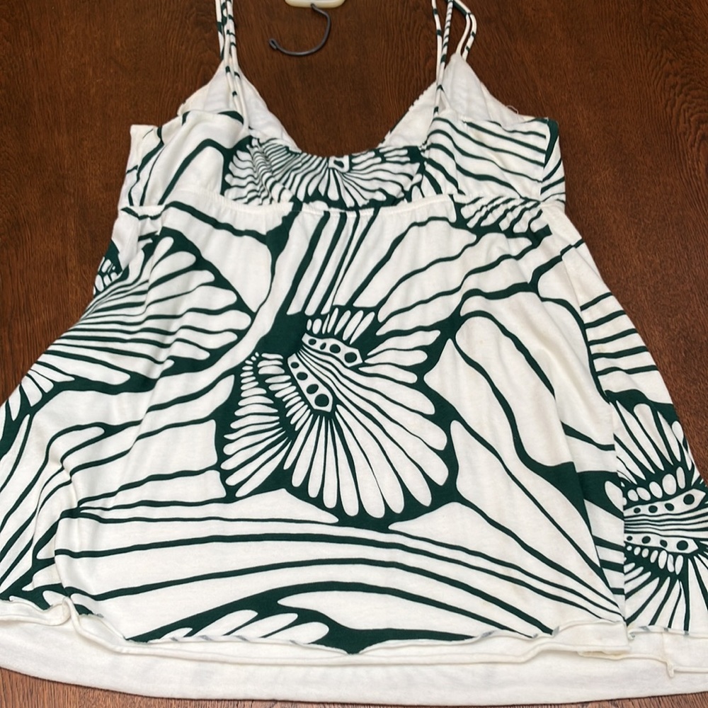 J CREW fully lined, spaghetti strap V top. Crisp dark green/cream, raw edge hem.